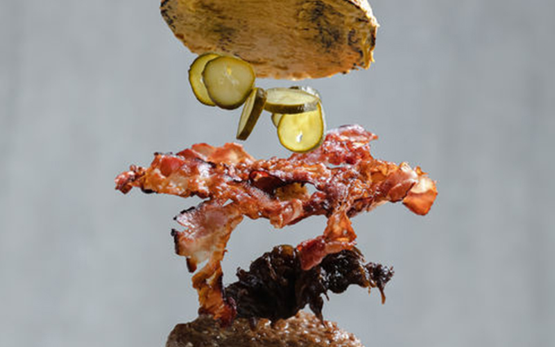 An exploded view of a hamburger